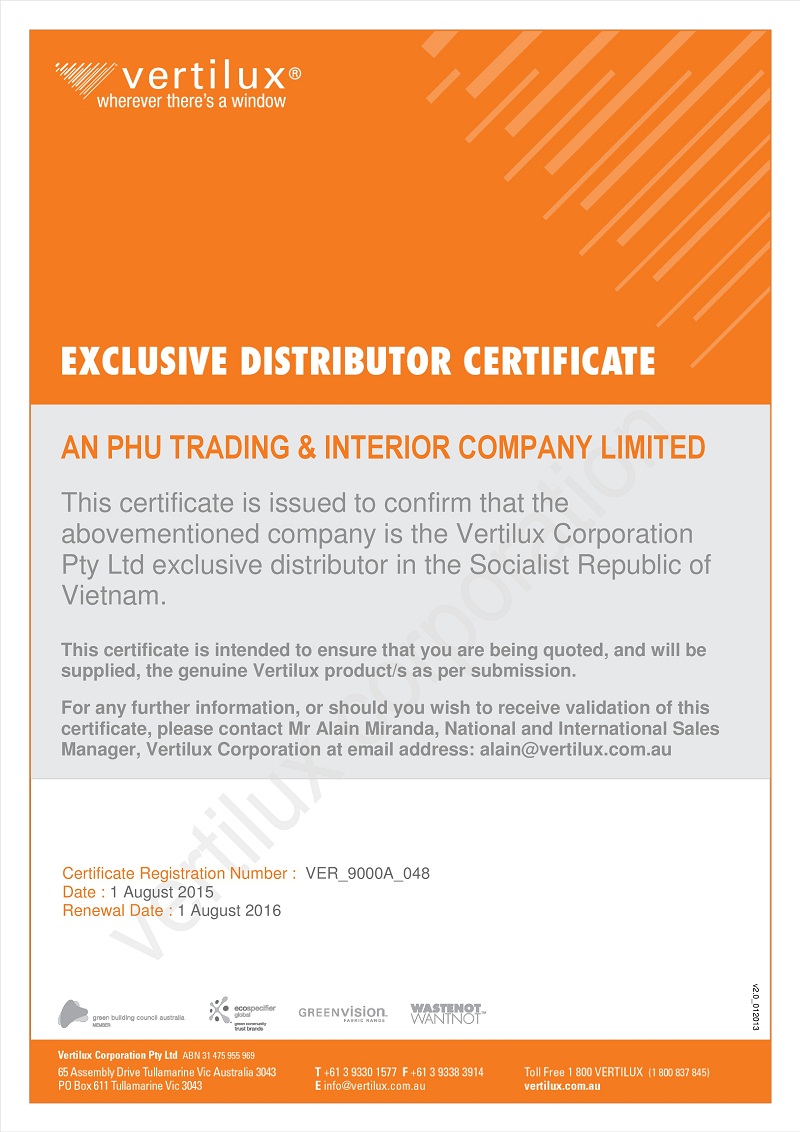 Rèm An Phú trở thành nhà phân phối độc quyền tại Việt Nam của Vertilux - Úc